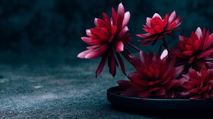 Leinwandbilder - Moody low angle capture of deep red succulents in a shallow black dish, highlighting their vibrant hues against a textured charcoal slate background