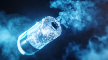 Poster - futuristic capsule emitting blue smoke, digital network connections.