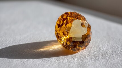 Leinwandbilder - Honey-colored citrine cluster glimmers under bright light, showcasing intricate facets while resting on a smooth white surface with empty space for text