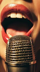 Poster - Professional condenser microphone standing near audio interface on clean studio workstation. Representing high end sound recording environment for music production. Podcasting. And voiceover creation