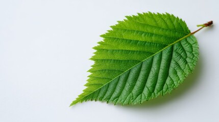 Poster - Vibrant green leaf exhibits intricate veining against a stark white backdrop, highlighting its natural beauty and providing ample copy space for text