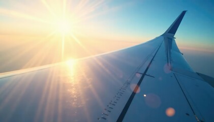 Wall Mural - Close-up of airplane wing, rivets, and metallic surface Sunlight reflects off the sleek design , strong, jet, sky