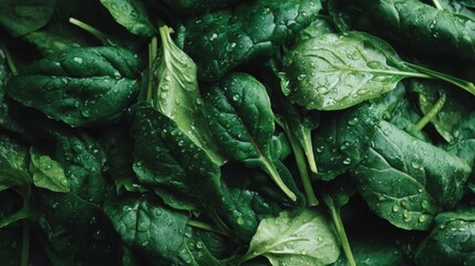 Aufkleber - Glistening water droplets enhance the texture of lush spinach leaves, casting deep shadows and soft reflections, creating a visually striking composition
