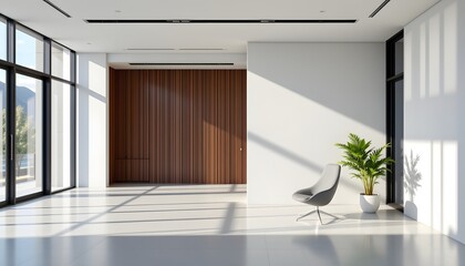 Poster - Modern house interior featuring a central plant surrounded by minimalistic architectural design