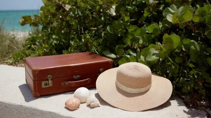 Poster - A vintage leather suitcase sits alongside a woven hat and seashells on a sandy beach, surrounded by vibrant greenery and a clear ocean backdrop