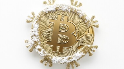 Poster - A detailed golden Bitcoin, crafted into a delicate snowflake shape, resting against a crisp white background