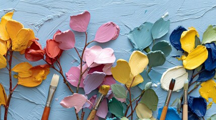 Leinwandbilder - A vibrant abstract shrub painting displays intricate branch details and bold splashes of color on textured canvas, leaving ample copy space on one side