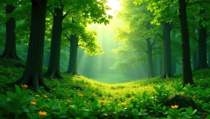 Wall Mural - serene forest background, lush green trees, dappled sunlight ideal for nature themes , foliage, patt