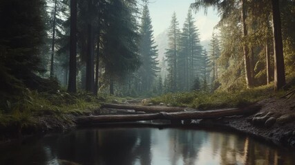 Poster - Fallen logs forming a natural bridge over a gently flowing creek meandering through a misty forest at sunrise, surrounded by towering pine trees and vibrant, lush vegetation