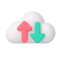 Poster - Colorful 3D cloud icon depicting data upload and download symbols on a transparent background for business and technology designs