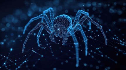 Poster - Abstract digital spider in a web, glowing blue, polygonal design.