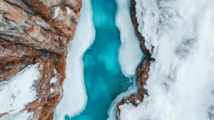 Poster - Turquoise water flowing through a narrow, partially frozen canyon, surrounded by snow covered rocks and vegetation, creates a stunning winter landscape with vibrant color contrasts
