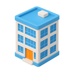 Poster - Modern three-dimensional business building icon with a blue and white design showcasing a transparent background