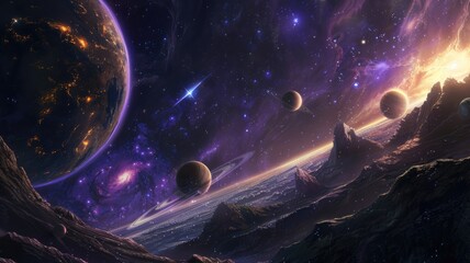 Poster - Abstract cosmic scene with blue and gold elements. Digital artwork of galaxy with planet or rock floating in the air with gradient vibrant color. Solar system design. Universe design. Space. AIG53.