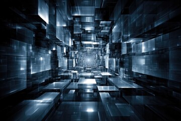 Poster - Abstract perspective of a tunnel-like space composed of geometric blocks