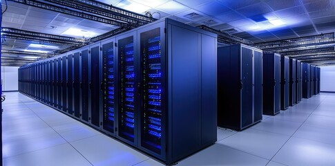 Aufkleber - Highly secure data center with multiple server racks, glowing with blue lights and overhead cable trays, ideal for IT infrastructure and storage visuals