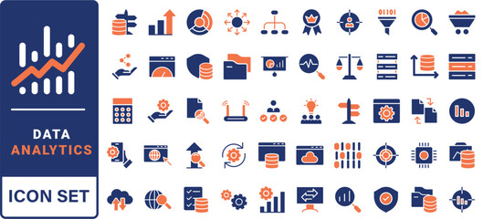 Poster - Data analysis line icons set. Analytics, server, mining, data filter, traffic, AI, hosting, monitoring. Statistics and analytics outline icons collection. - stock vector.