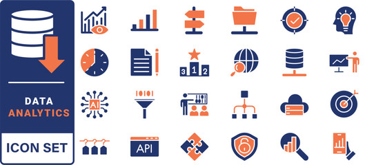 Poster - Data analysis line icons set. Analytics, server, mining, data filter, traffic, AI, hosting, monitoring. Statistics and analytics outline icons collection. - stock vector.