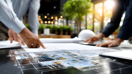 Poster - Project manager actively working on detailed blueprint while collaborating with team members