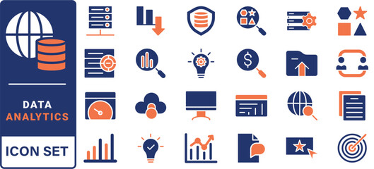 Poster - Data analysis line icons set. Analytics, server, mining, data filter, traffic, AI, hosting, monitoring. Statistics and analytics outline icons collection. - stock vector.