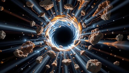 Poster - Mysterious black hole surrounded by brilliant blue light emitting from quantum vortex