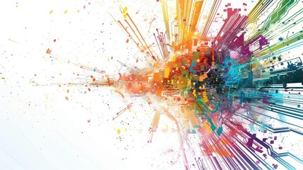 Fototapete - Abstract colorful data flow on complex circuit with digital technology style design. Dust color explode graphic show electric dynamic movement represent about processor algorithm on computer. AIG53.