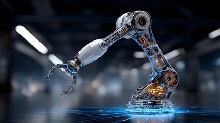Poster - Robot standing on table in modern workspace surrounded by innovative technological tools