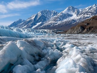 Wall Mural - Glacial icebergs and snow-capped mountains under a vibrant blue sky
