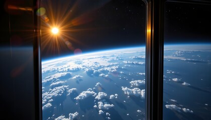 Wall Mural - scenic view from space elevator with sun shining through window creating a warm glow