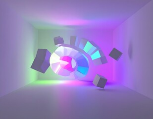 Poster - Abstract 3D Neon Cubes Rotating Geometric Shapes Purple Room Light
