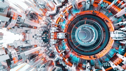 Poster - Abstract picture of mysterious geometric shape portal with digital style neon light glowing to leading, create futuristic visual ideal for design science fiction wallpaper or cyberpunk graphic. AIG53.
