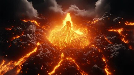 Poster - Molten lava flows down the sides of an erupting volcano, creating rivers of fire against the dark, rocky landscape, with smoke and ash billowing into the sky