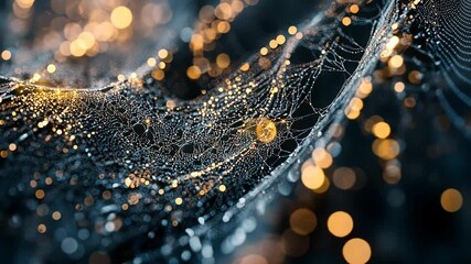 A close-up of morning dew on a spiderweb, perfectly illuminated