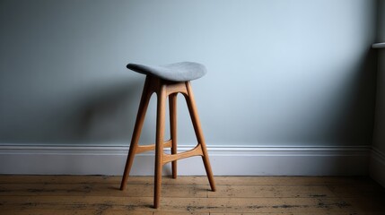 Poster - A minimalist stool featuring a charcoal cushion and sleek oak legs stands against a soft gray wall, creating a serene and stylish atmosphere in the room