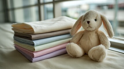 Poster - A plush stuffed bunny is comfortably situated on a neat stack of folded pastel linens, softly illuminated by natural light streaming through the window