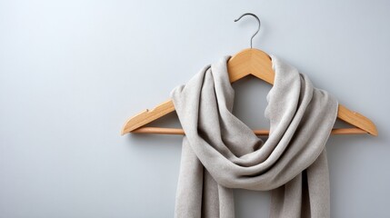 Leinwandbilder - A light gray scarf is draped gracefully over a wooden hanger, isolated on a pristine white backdrop. The composition allows for text placement beside the scarf