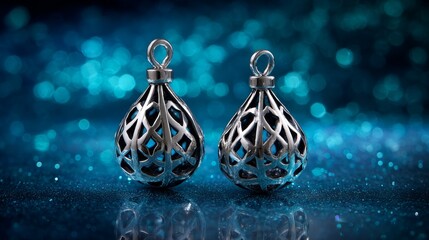 Fototapete - Two silver holiday ornaments with detailed designs are arranged on a glossy teal surface, surrounded by festive sparkles, creating a cheerful atmosphere