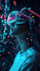 Poster - Woman wearing VR headset, immersed in vibrant digital world.