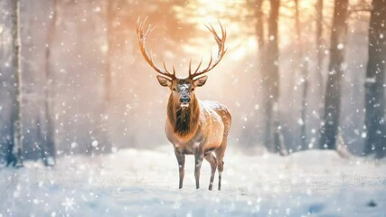 Aufkleber - Majestic deer with large antlers standing in a snow covered forest during a gentle snowfall, creating a serene and captivating winter scene with warm sunlight filtering through the trees