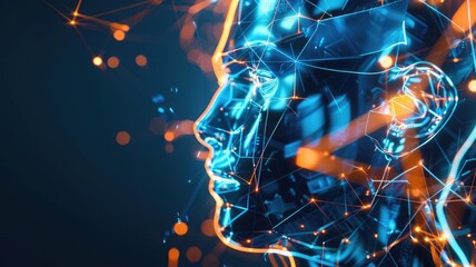 Poster - Abstract digital faces with glowing blue and orange lines facing each other. Digital artwork of face with glowing line. Technology innovation and artificial intelligence concept for design. AIG53.