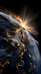 Poster - Earth surrounded by bright light erupting from the sun in a dramatic solar flare display