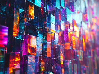 Poster - Abstract Cubes Composition with Vibrant Hues and Refractive Light Display