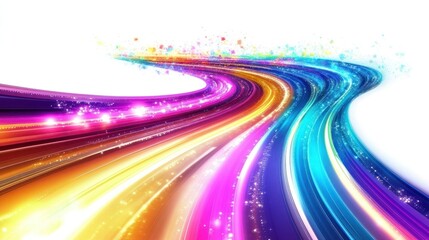 Poster - abstract colorful light trails forming a dynamic, curved path on white background.