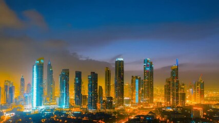 Aufkleber - Illuminating the skyline of dubai, modern skyscrapers create a stunning cityscape at dusk, showcasing a breathtaking panorama beneath a vibrant and colorful sky filled with clouds
