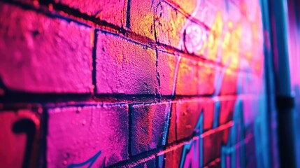 Poster - Vibrant pink and blue neon lights illuminate a graffiti-covered brick wall at night.