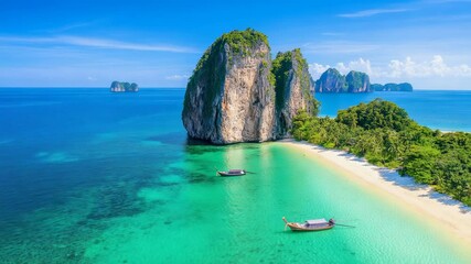 Poster - Aerial perspective revealing colorful wooden longtail boats drifting near emerald waters, white sandy coastline, dramatic limestone karsts in tropical thailand