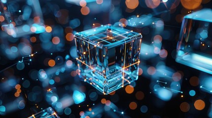 Poster - Abstract digital art with blue glowing cube and particles. Digital artwork of transparent cube with glowing blue color and dark background. Technology innovation and data visualization concept. AIG53.