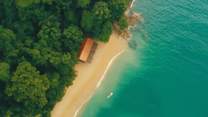 Aufkleber - Breathtaking aerial view capturing a secluded tropical beach with golden sands, vibrant turquoise waters, a wooden hut by a lush jungle, and a lone boat in the tranquil bay