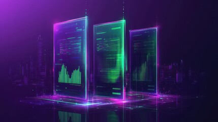 Poster - Holographic displays showing financial data and graphs over a city skyline at night.