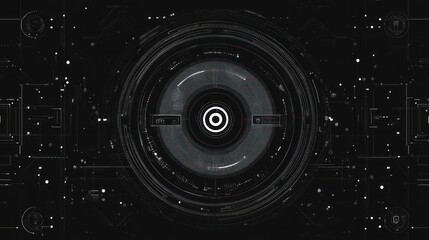 Poster - Abstract futuristic HUD interface with concentric circles and digital elements on dark background.
